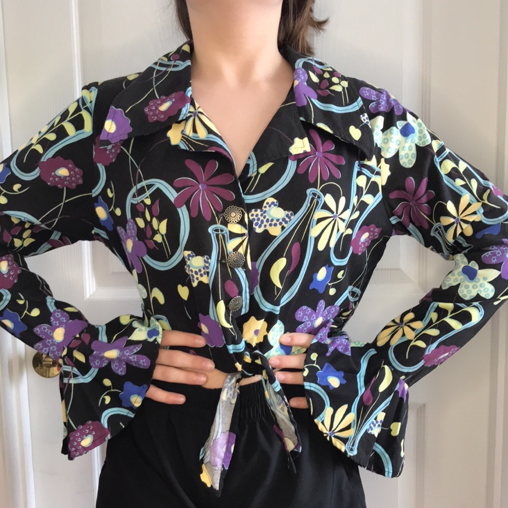 Vintage Multi-Color Cropped Button Down Top M